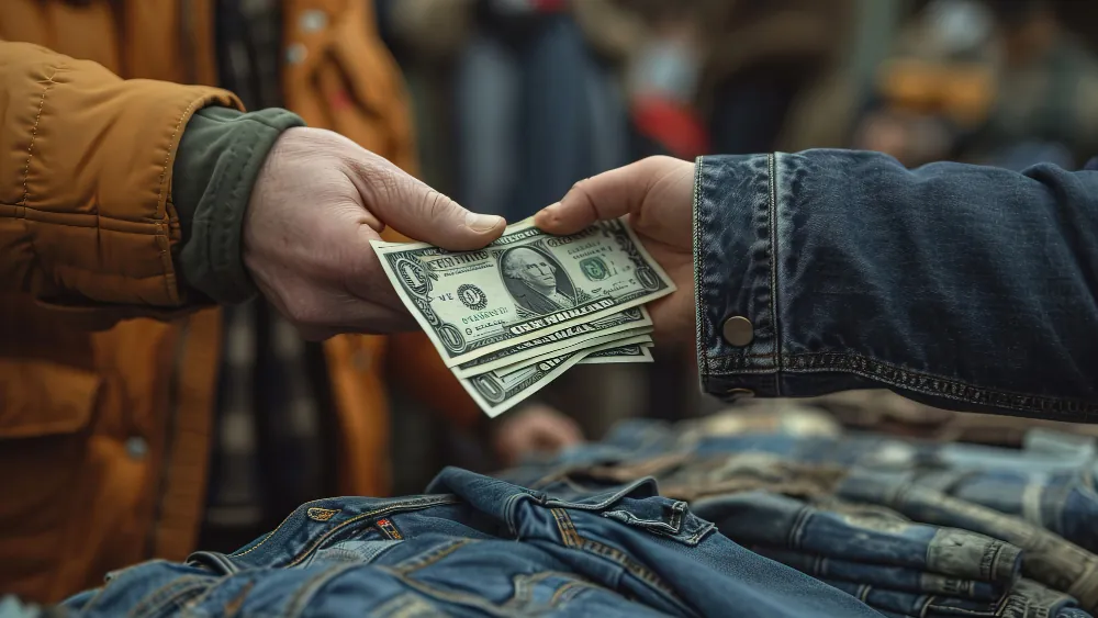 Someone exchanging money to buy a pair of jeans