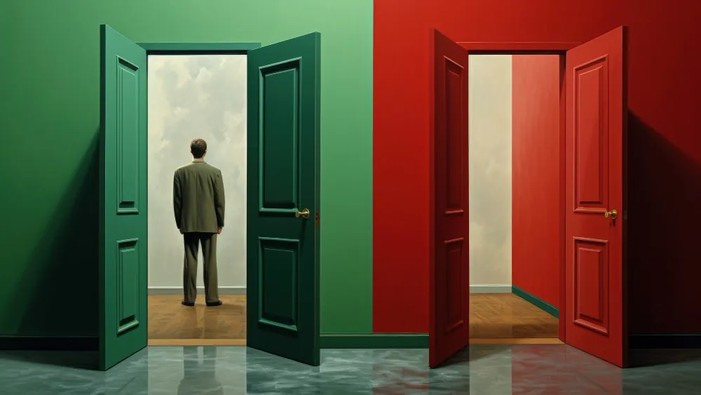 A man facing two rooms: one green, one red. He entered the green one.